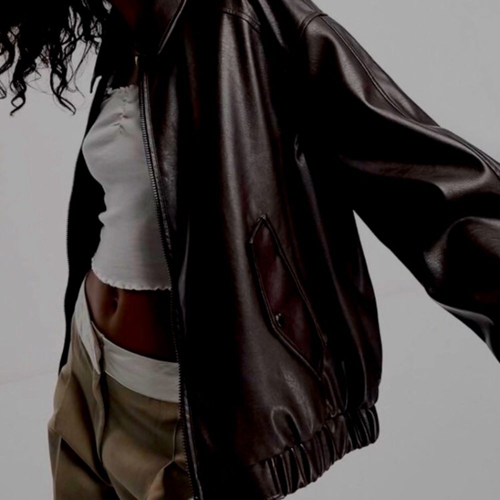 Bershka Faux Leather Bomber Jacket Large Chocolate Brown Classic Streetwear 80’s